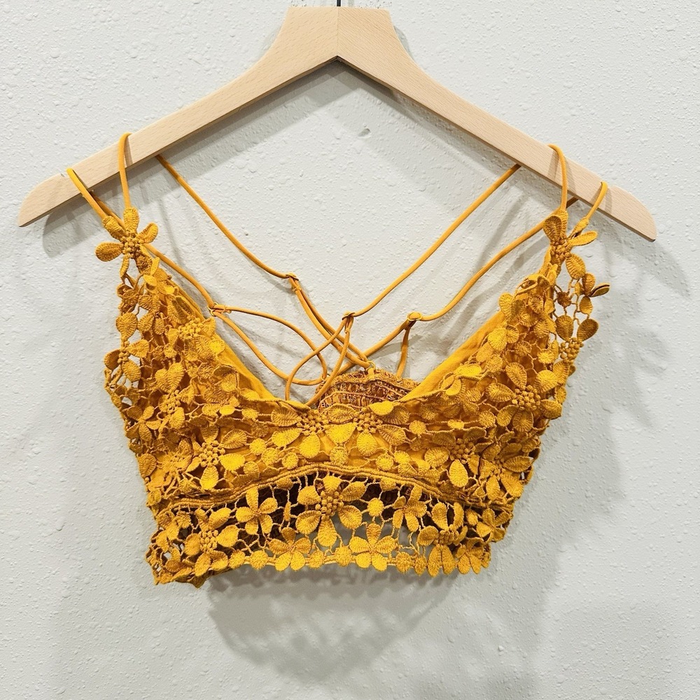 Free People Adella Crochet Lace Bralette Bundle Olive Green Mustard Yellow - M - Picture 3 of 14